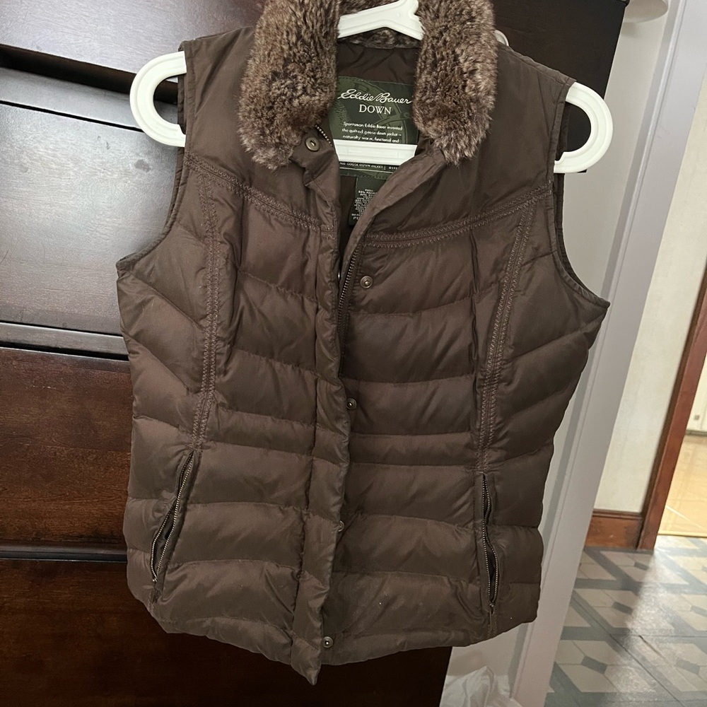Eddie Bauer puffer vest with faux fur color